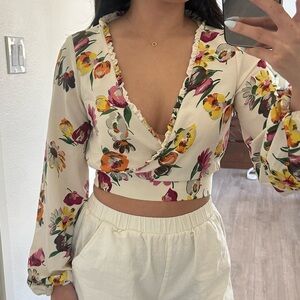 Zara Floral V-Neck Blouse with Long Sleeves